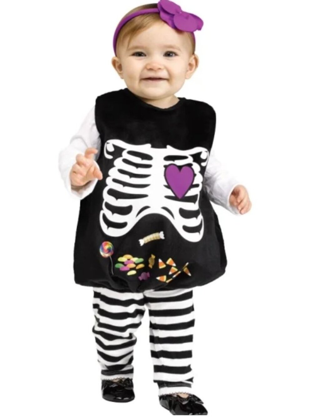 Skelly Belly Infant Skeleton Halloween Costume With Striped Pants & Purple Heart